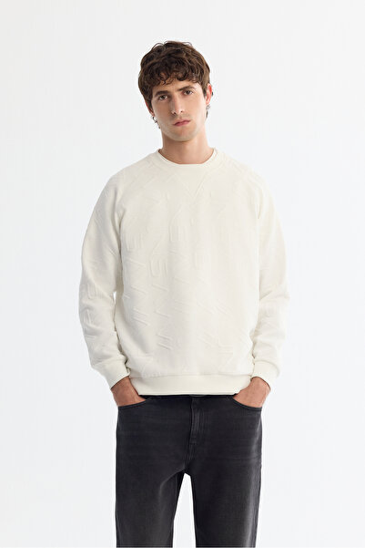 Avva Erkek Ekru Bisiklet Yaka Baskılı Elastan Regular Fit Sweatshirt A42Y1335