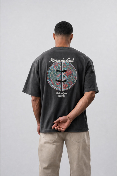Respire Erkek Craft Nakış Detaylı Oversize T-Shirt Füme