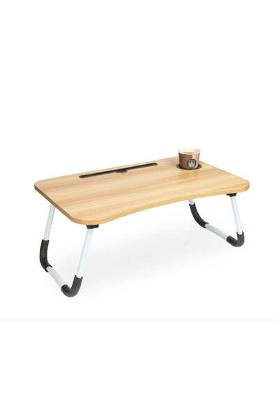 Generic Foldable Laptop Table with Cup and Phone Holder, Light Brown