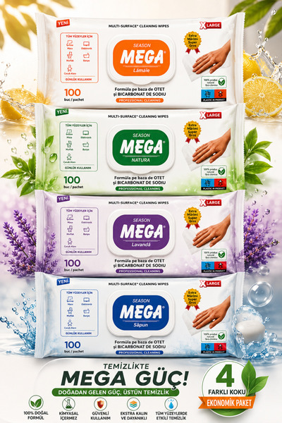 shop SEASON MEGA X-LARGE 4’lü Paket 100’lü Islak Temizlik Mendili – Limon, Na...