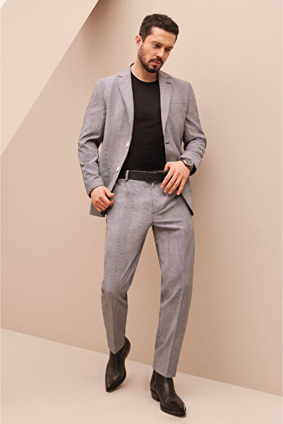 Avva Erkek Lacivert Ekose Gofreli Astarsız Çift Yırtmaçlı Comfort Slim Fit Ce...