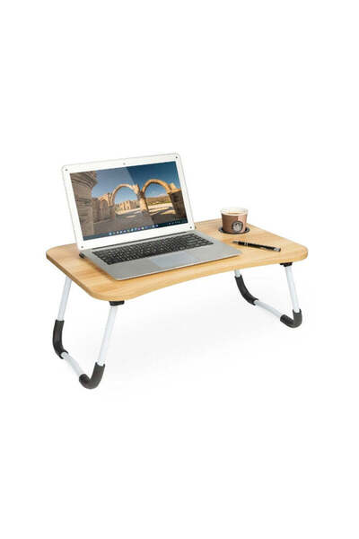 Generic Foldable Laptop Table with Cup and Phone Holder, Light Brown