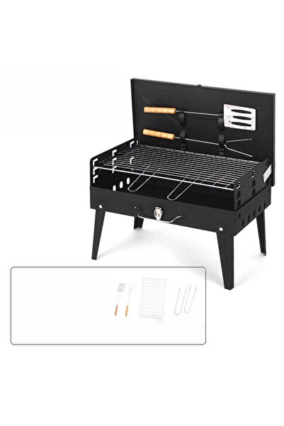 Generic Folding box-type grill with cutlery included, iron, 45x30 cm, Black