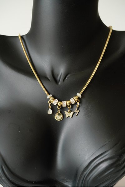 JEWELRY Zirkon İşlemeli Charm Detaylı Boru Zincir 14K Altın Kaplama VIP Kolye...
