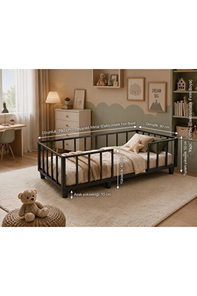 JASPER Montessori Bebek ve Çocuk Karyolası 90X190 cm Siyah Renk Demonte