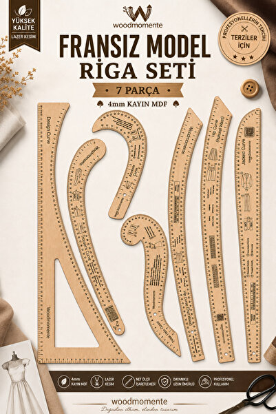 woodmomente 7 Parça Fransız Model Riga Terzi Cetveli Seti 4mm MDF Profesyonel...