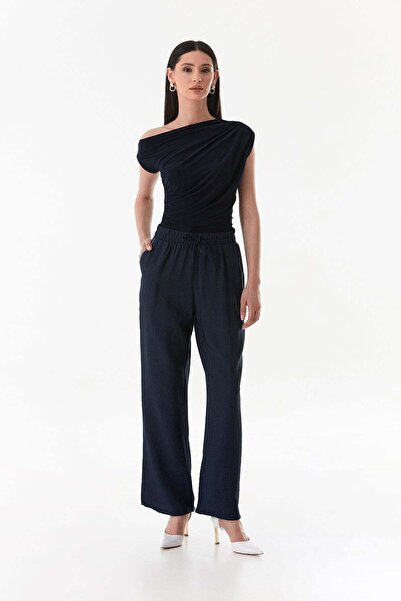 Fulla Moda Palazzo Trousers with Pocket Stone Detail and Elastic Waist