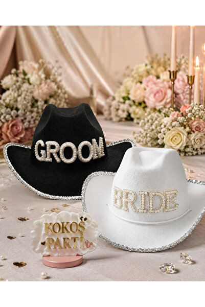 Kokoş Parti Bride ve Groom Taşlı ve İncili Lüks Kovboy Şapkası İkili Set • Be...