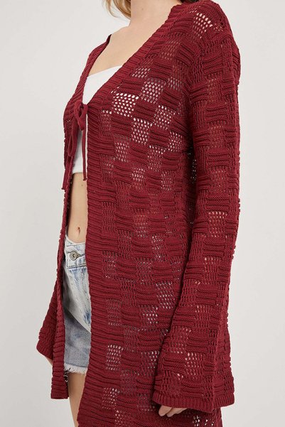 Arma Life Women's Tied Openwork Long Sleeve Summer Claret Red Cardigan