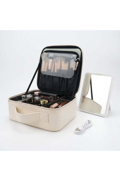 Generic Makeup Bag with LED Mirror and Compartments, White, 26x23x10cm