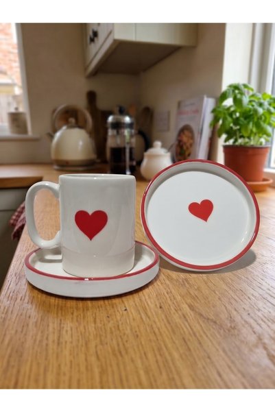 seda seramik Handmade Special Design Heart Detailed Decal Printed Handmade Ceramic Coffee Cup Set - 90 ml