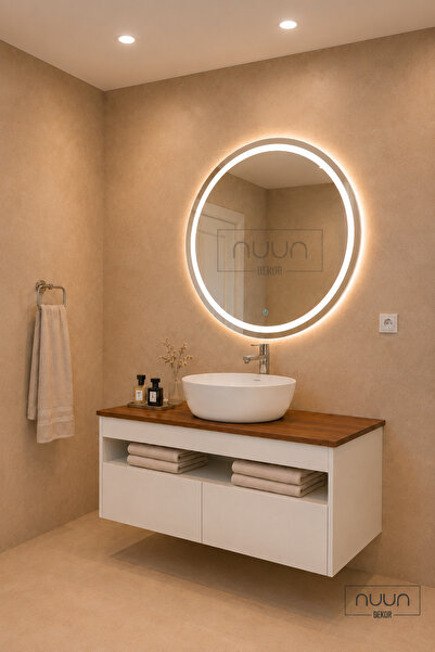 NUUN DEKOR Aurora 80cm Banyo Dolabı Seti (Yuvarlak Ledli Dokunmatik Ayna + MD...