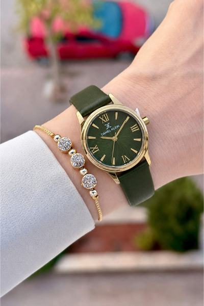 Daniel Klein Women's Wristwatch and Bracelet with Yellow Cord Green Color Adj...