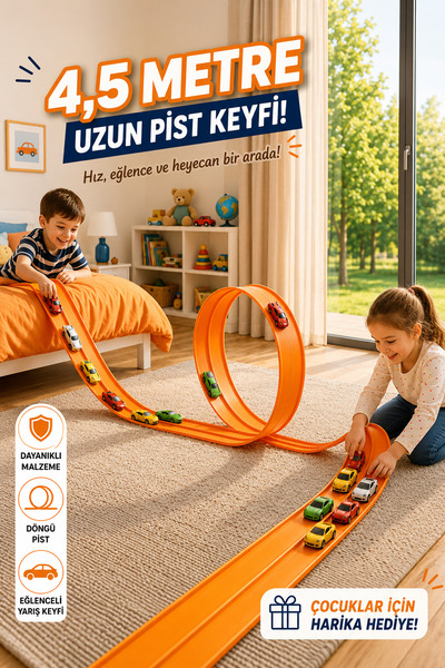 elisalife Oyun Esnek Yarış Pisti Kıvrılabilen Aksiyon Pisti Go Track 4.5 Mt Flex Track Oyuncak Turuncu Orange