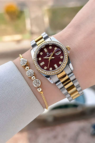 Daniel Klein Kadranı Bordo Kordonu Gold Gümüş Renk 28 Mm Kadın Kol Saati ve B...
