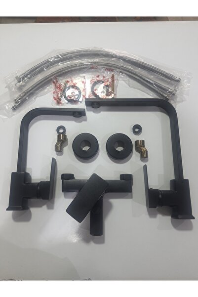 3'lü Kare Siyah Batarya Seti - Mutfak Lavabo Banyo Bataryası Set - Pirinç Üçlü Set