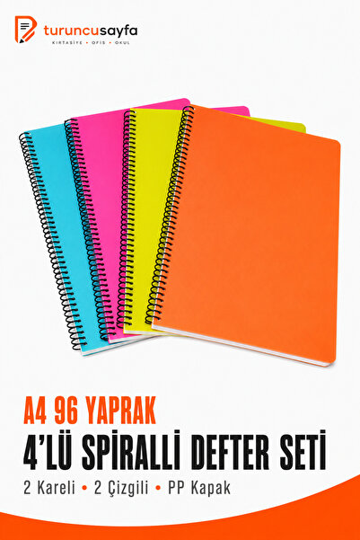 everart my note Defter A4 96 Yaprak 4 Adet (2 Kare+2Çizgili) Spiralli Pp Kapak