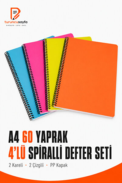 everart my note Defter A4 60 Yaprak 4 Adet (2 Kare+2Çizgili) Spiralli Pp Kapak
