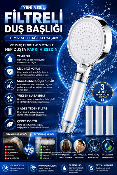 ellante Yeni Nesil 5 Fonksiyonlu Filtreli Duş Başlığı – Yüksek Basınç & Su Ta...