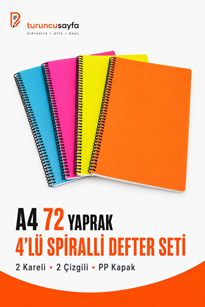 everart my note Defter A4 72 Yaprak 4 Adet (2 Kare+2Çizgili) Spiralli Pp Kapak