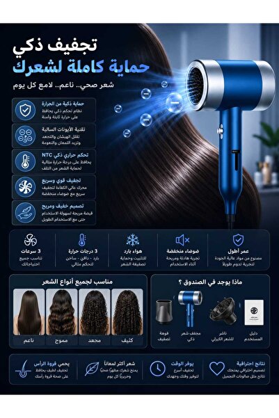 Generic مجفف شعر عالي السرعة بقوة 1600 واط مع محرك بدون فرشاة بسرعة 110,000 د...