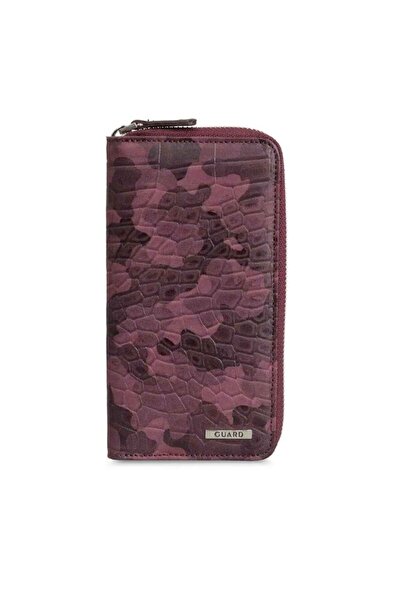 GUARD Bordo Kamuflaj Baskılı Hakiki Deri Fermuarlı Cüzdan Erkek / Kadın P3016