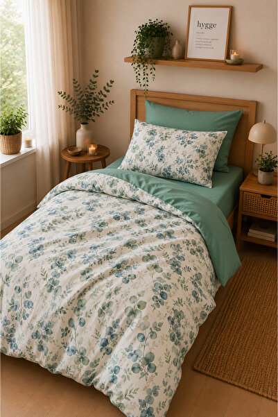 MyStory Home Single Duvet Cover Set with Fitted Sheet Eucalyptus Light Green