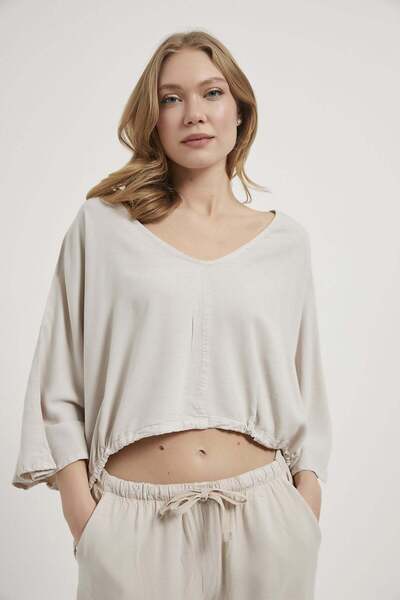 Arma Life Armalife 2787 TENCEL™ Beli Elastic Detail V-Neck Relaxed Women's Bl...
