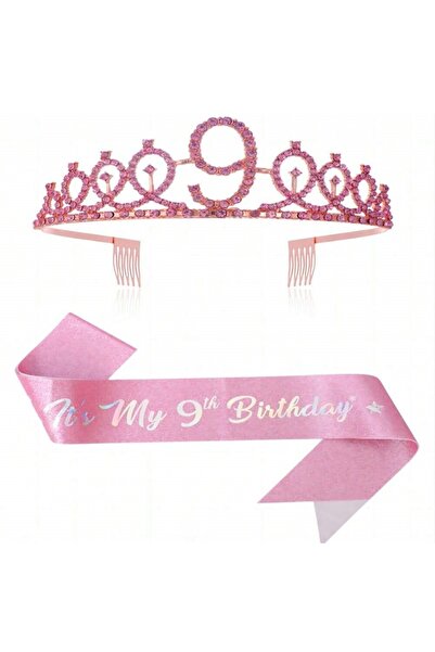 Choice3 pink-9 Birthday Tiara Crown Sash Women Girls This Is My 4th 5th 6th 7...
