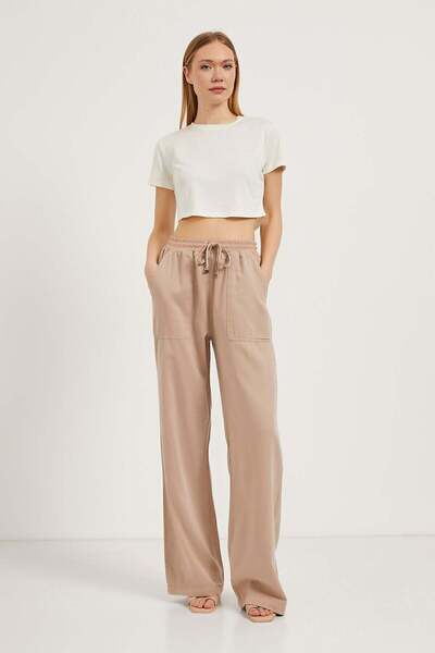 Arma Life Pantaloni Palazzo Camel Baggy Fit cu talie elastică pentru femei