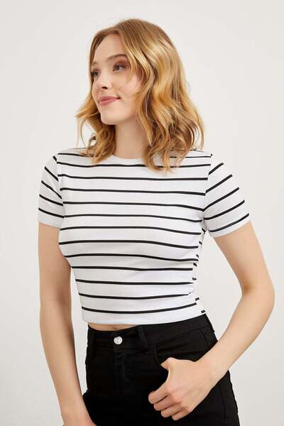 Arma Life Women's Crew Neck Striped Tight White Crop T-Shirt