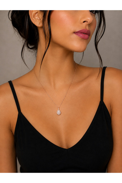 Masios Silver Zirkon Taşlı Rose Renk Damla (Anturaj/Halo) Model 925 Ayar Gümü...