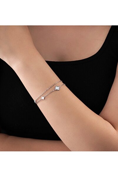Masios Silver Çift Sıra Yonca Model Beyaz Mineli 925 Ayar Gümüş Bileklik (Rod...
