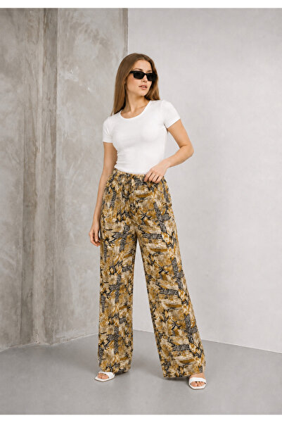 SheLoria Pantaloni de damă, galbeni, cu model etnic, cu curea, talie elastică...