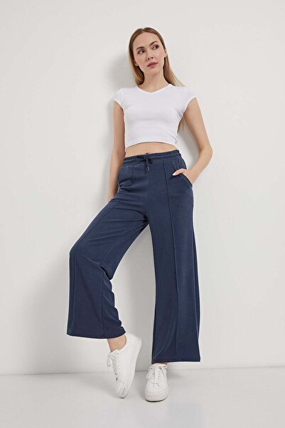 Arma Life Women's Elastic Waist Wide Leg Baggy Navy Trousers