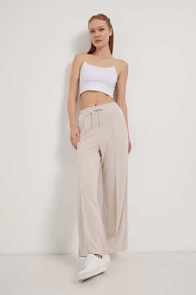 Arma Life Women's Elastic Waist Wide Leg Baggy Cream Trousers