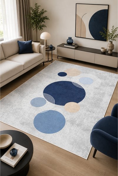 Pelura Halı Dijital Baskılı Modern Desenli Mavi Kaymaz Taban Yıkanabilir Halı