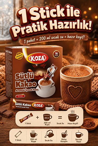 Koza Gurmelerin Seçimi Pratik Lezzet Sütlü Kakao Aromalı Tek İçimlik Sütlü Kakao İçecek Tozu -16 Stick