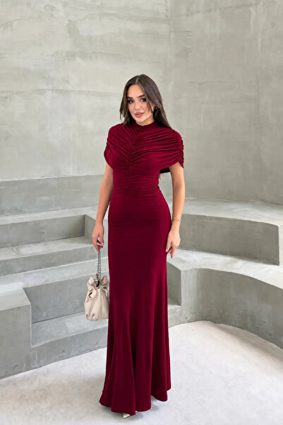 MİROR Kadın Bordo Drapeli Yüksek Yaka Balık Model Maxi Boy Elbise