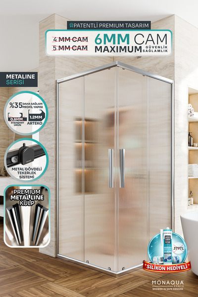 MONAQUA Arteko Metaline Duşakabin Kare Parlak Profil – 6 mm Nervürlü Temperli...