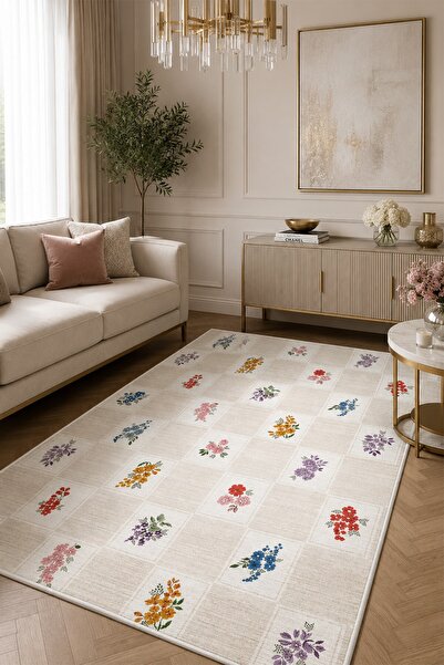 Pelura Halı Floral Kilim Desen Baskılı Kaymaz Yıkanabilir Salon Oturma Odası ...