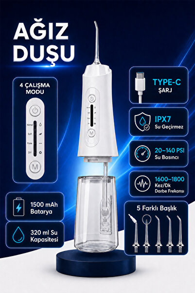 mimtec Şarjlı Ağız Duşu - 320ml Su Hazneli 5 Başlık 4 Çalışma Modlu Su Geçirmez Ağız Diş Dil Temizleyici Beyaz