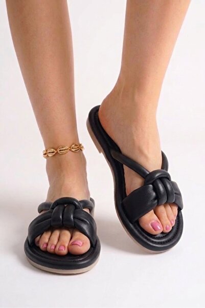 Nstil Women's Black Puff Slippers Soft Soled Lightweight Flexible Fluffy Ribb...