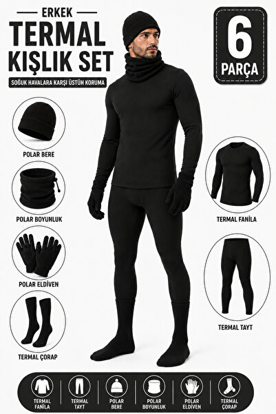 Alıç Black Thermal Underwear Set, Polar Beanie, Neck Collar, Gloves, Towel, S...