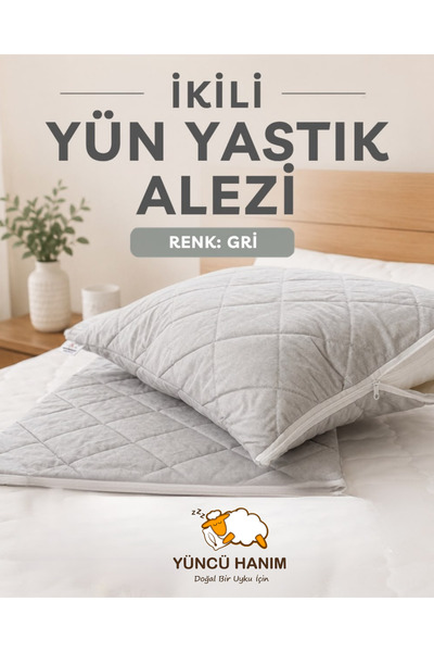 Yüncü Hanım Gri Renkli Kuzu Yünü Dolgulu Kapitoneli Yastık Alezi , Doğal Pamu...