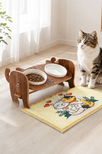 GOBYPET Ahşap Kedi Mama Seramik Su Kabı Standı,Kedili Mama Kabı, Hediye Kedi ...