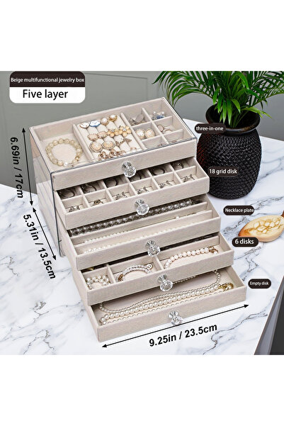 Choice 5 layers-Off white 5-Layer Jewelry Box, Velvet Drawer Tray, Transparen...