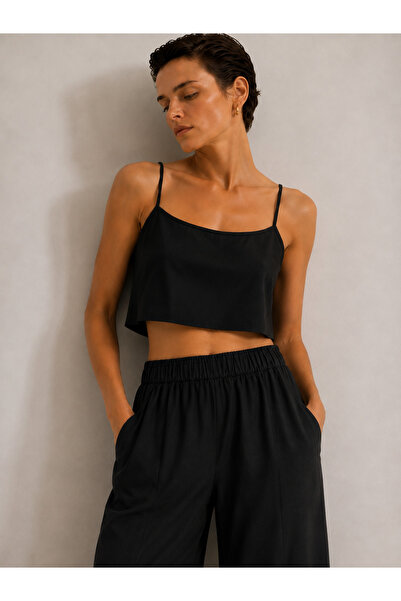 Tierra Store Pamuklu Ayarlanabilir Askılı Siyah Kadın Crop Bluz