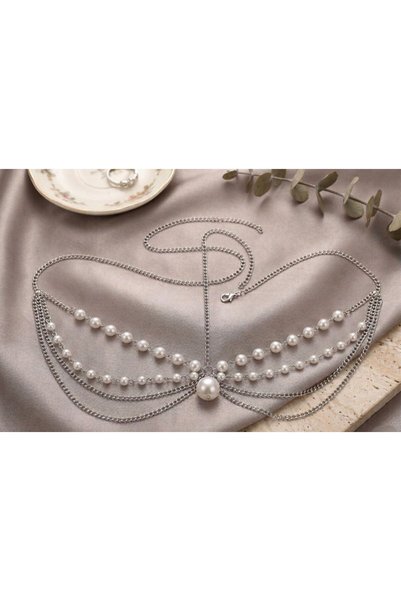 Shiklik Accesoriu de păr pentru femei cu lanț de perle de culoare argintie