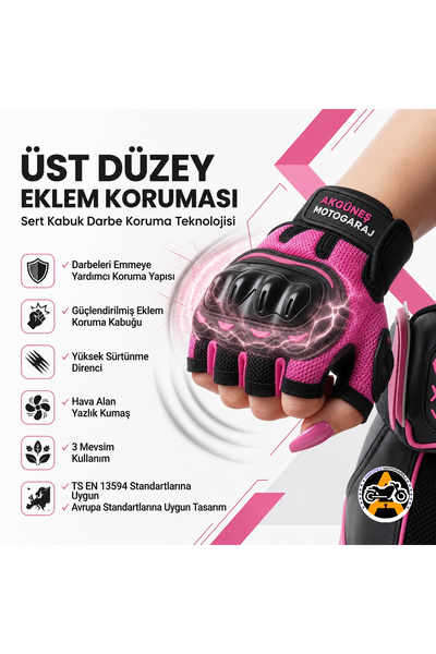 AKGÜNEŞ MOTOGARAJ Pembe Motosiklet Eldiveni Yazlık Hava Alan Korumalı Dokunma...